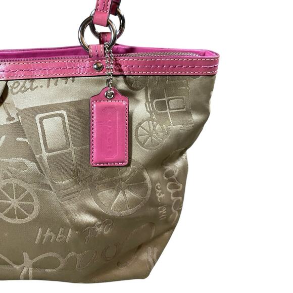Coach Satin Khaki Horse Carriage Pleated Tote Bag - Picture 3 of 9
